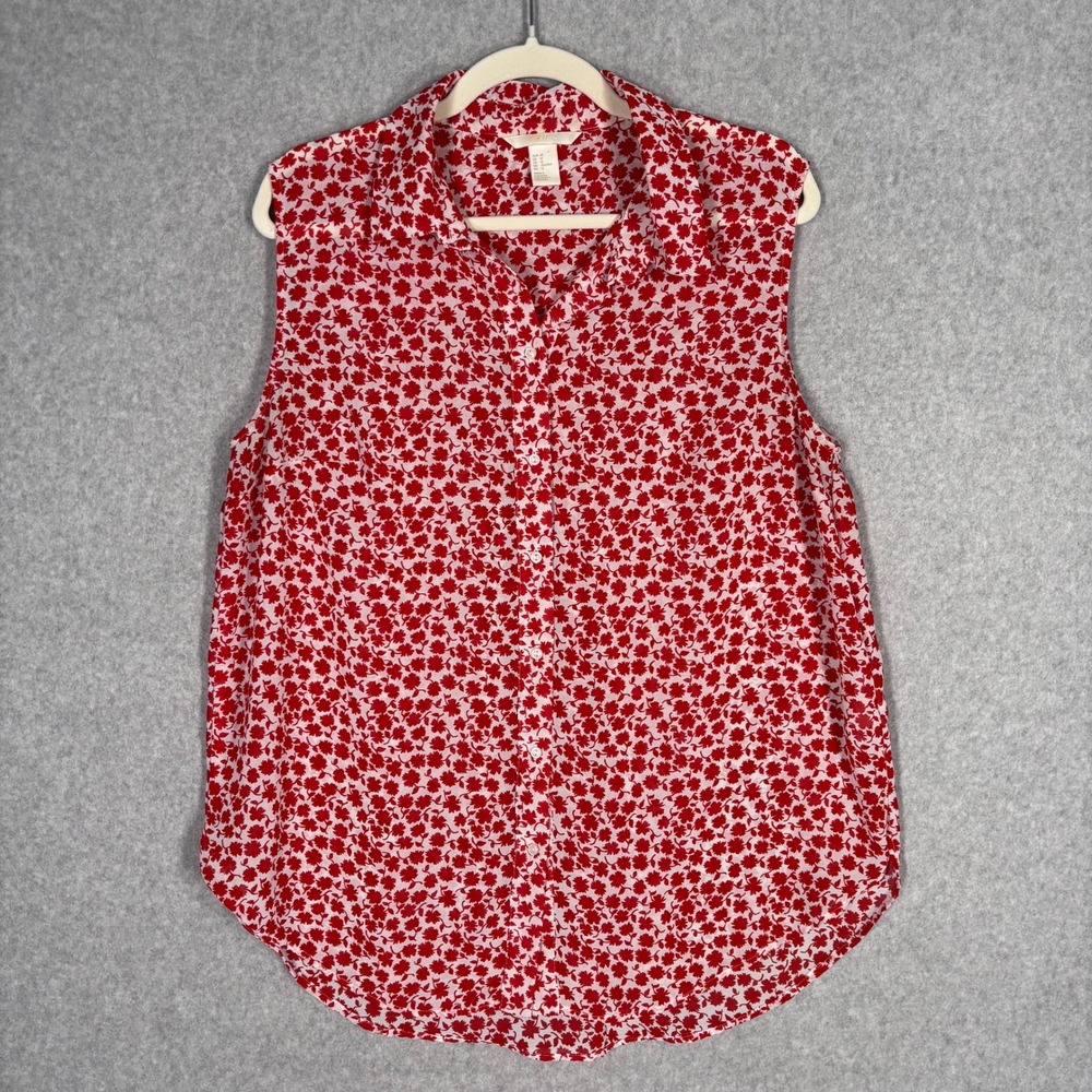 H&M Floral Button Up Tunic Blouse 12 Red White Semi Sheer Summer Resort Cruise